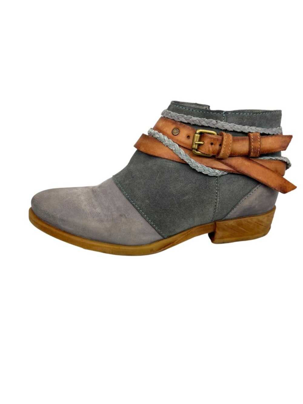 Miz Mooz Danita Gray Brown Leather Ankle Boots Wrap Buckle Size 37 EU 6.5-7 US